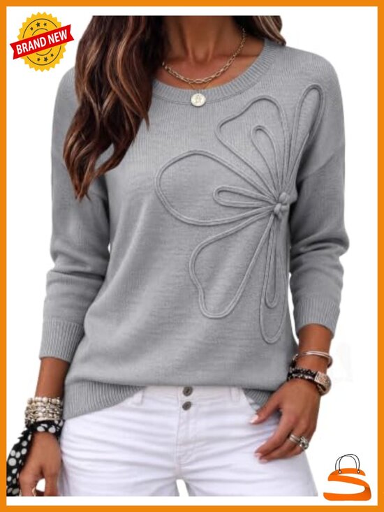 Sweaters - Women's 3D Floral Applique Crewneck Long Sleeve Pullover Sweater Knit